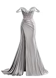 Off Shoulder Satin Prom Dresses Long 2025 Beaded Formal Dresses Pleated Evening Party Gown with Slit Tail-Size Silver 4