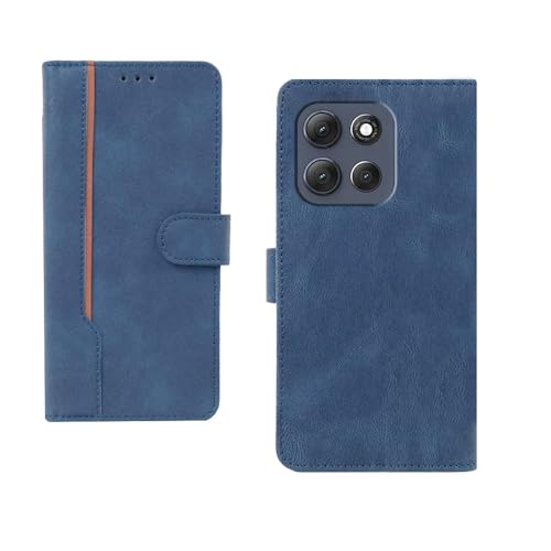 Image of amazon basics Moto G86 Power 5G Flip Cover | Card Pockets Wallet & Stand | Flip Cover for Moto G86 Power 5G (Blue with Beige Strip)