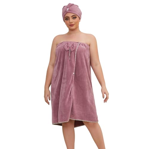 GOSCHE Plus Size Towel Wrap with Hair Towel for Women, XXL-XXXXL, Wearable Shower Towel Wrap, Bathrobe, Oversized Spa Towel, Purple