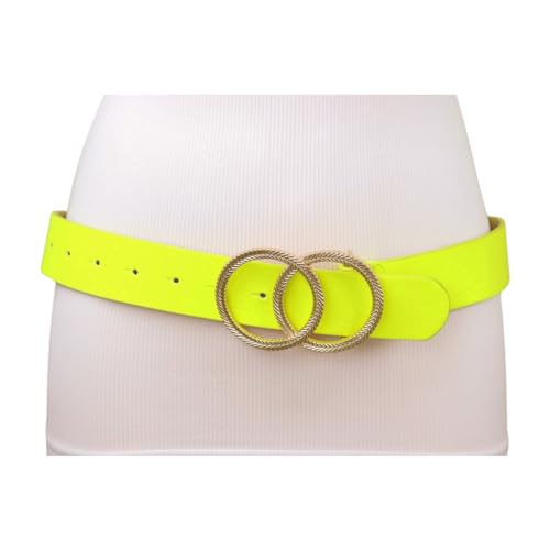 Generic Women Neon Yellow Fashion Belt - Hip High Waist Bright Band Gold Circle Metal Buckle M L z0632