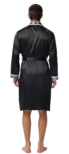 Image of TONY AND CANDICE Men's Satin Robe Lightweight Long Sleeve Silk Kimono Bathrobe with Shorts Set Sleepwear