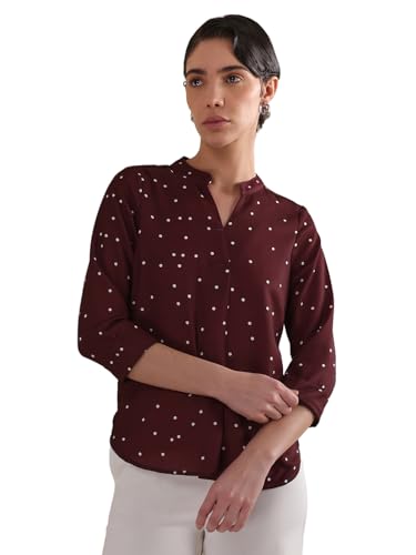 Image of FableStreet Women Shirt Work & Casual | Relaxed Fit Mandarin V-Neck Three-Quarter Sleeves Solid Pattern | Breathable Woven Fabric for Office & Everyday Wear