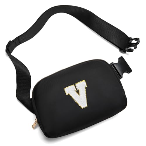 Gitus Birthday Gifts for 8 9 10 11 12 13 Year Old Girls Personalized Fanny Pack Crossbody Bags with Initial Letter Patch Belt Bag for Teen Girls Cute Trendy Stuff Travel Essentials (Black-V)