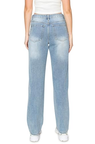 KHAKI & BLUE Women's High Waisted Relaxed Fit Full Length Straight Leg Jeans with Butterfly Patch3