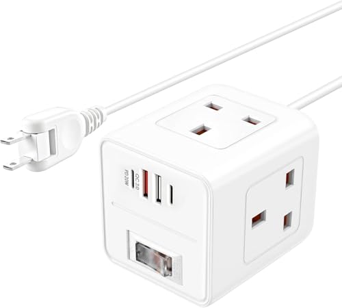 UK to Japan Plug Adapter SHUOMAO 3 Way UK to Japan Plug Adaptor with 4 USB(PD 20W/QC3.0) Cube UK Travel Adapter with 1.5 Extension Cable for Japanese Amercian China (Type A)