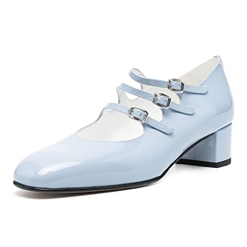 SHODENSE Women Vintage Square Toe Mary Janes Triple Ankle Strap Mid Chunky Heel Patent Mary Jane Pumps Closed Toe 2 Inch Block Heel Dress Shoes Ladies Metallic Wedding Party Office 4-11 M US