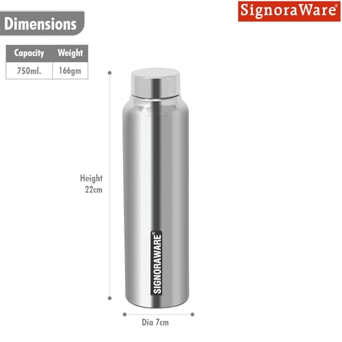 Image of SignoraWare Aqua Single Walled ISI Certified Stainless Steel Bottle With Matte Finish | Airtight & Leakproof | Compact Design | Ideal for School, Home, Office, Yoga, Gym Or Outdoors ( 750ml | Steel )