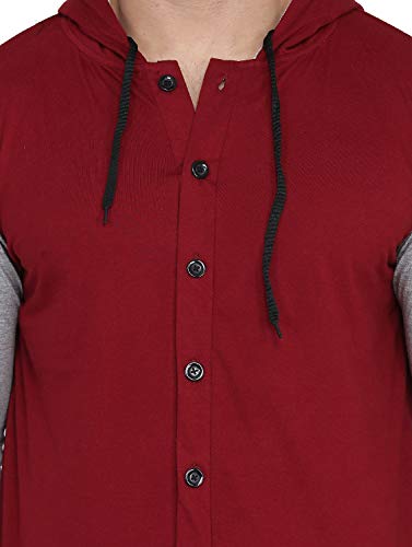 Image of Geum Men's Full Sleeve Hooded T-Shirt with Button-Down Front | Casual Slim Fit Cotton Shirt-Style Tee