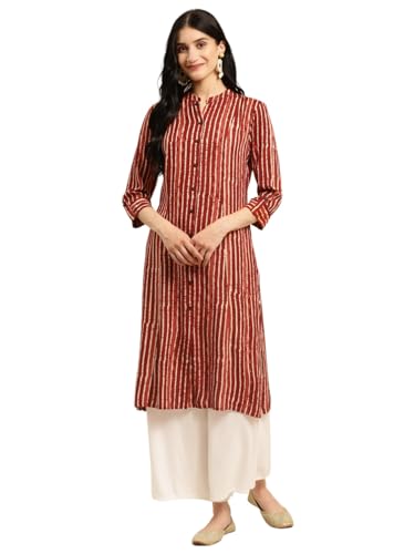 Image of rangita Women's Rayon Relaxed Fit Straight Calf Length Striped Front Slit Kurti | Kurta
