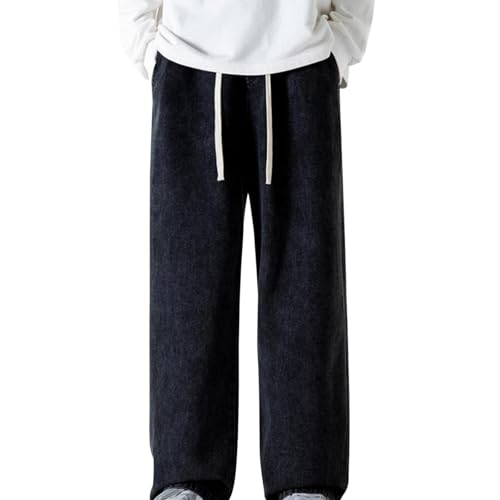 Long Denim Pant for Men Vintage Straight Wide Leg Trousers Simple Solid Color Loose Fit Comfortable Pants Walking Daily