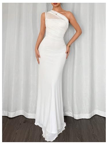 GORGLITTER Women's One Shoulder Mesh Dress Ruched Fishtail Bodycon Maxi Wedding Guest Dresses3