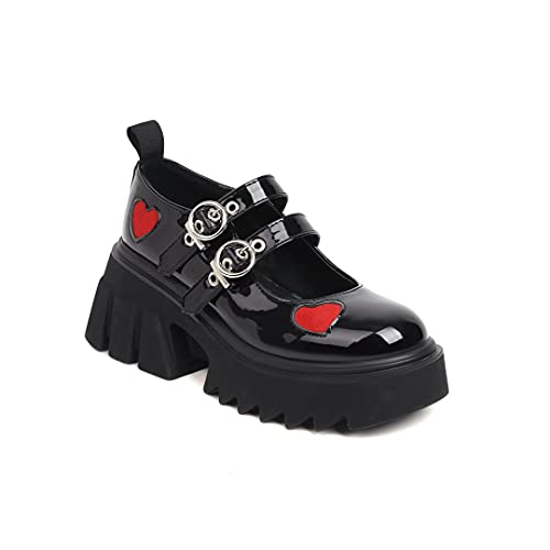 Image of Women's Platform Mary Janes Heart Cat Buckle Rivets Ankle Lolita Gothic Princess Platform Pumps Patent Leather Thorn Vintage Traditional Embroidery Upper Dress Shoes