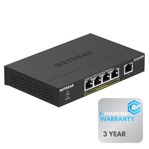 NETGEAR GS305PP 5-Port Gigabit Ethernet Unmanaged PoE+ Switch | Stay Protected with Cloud Care\'s 3 Year Warranty SupportPlus