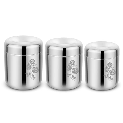 Image of 304 Grade Stainless Steel Canisters /Containers Set Of 3 Pcs (350, 550 & 700ml) Permanent Laser Design - Rose, Looks Beautiful, Attractive & Elegant - Durable, Safe & Unbreakable