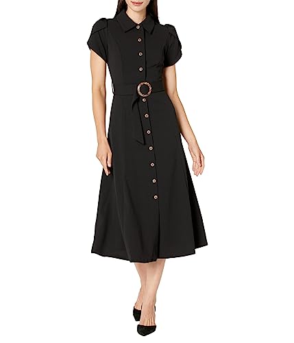 Image of Calvin Klein Women's Short Puff Sleeve Collared Belted Midi Shirtdress