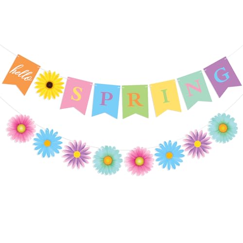 Image of Hooqict Hello Spring Banner Colorful Sun Flower Spring Party Banner Wildflower Garland Sign for Springtime Easter Birthday Party Decorations lndoor Outdoor Home Classroom Decorations