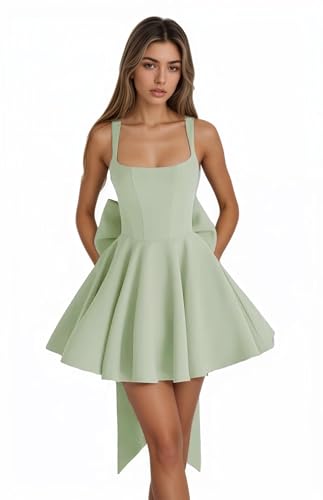 Homecoming Dresses with Bow Satin A line Square Neck Short Prom Dress 2025 for Teens
