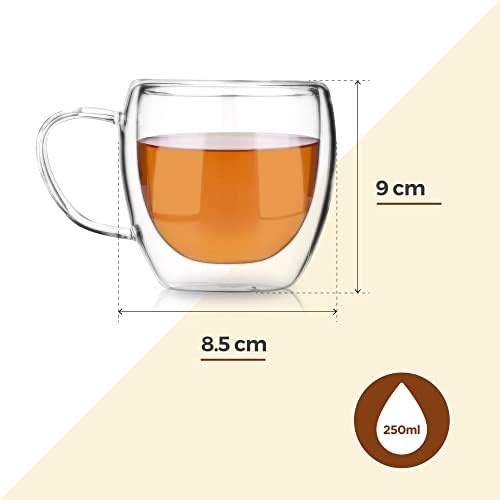 Charbrew 2 Pack (250ml/8.5 fl. oz x4) Double Walled Thermo Insulated Tea Glass Cups - Lightweight, Easy to Clean, Heat Resistant, Insulating Borosilicate Cups for Coffee (Cappuccino, Latte) and Tea