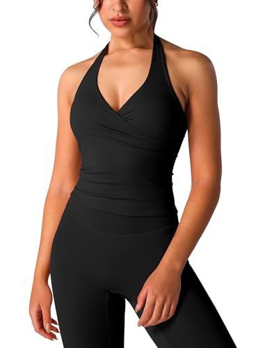 ABOCIW Women Wrap Halterneck Tank Top V Neck Longline Sports Bra Backless Padded Athletic Gym Yoga Workout Tank Black Small