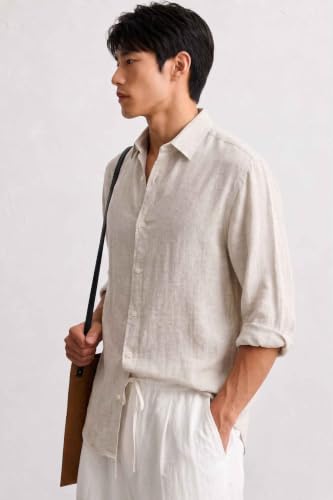 Image of Natural Men's Linen Blend Shirt Slim Fit Solid Casual
