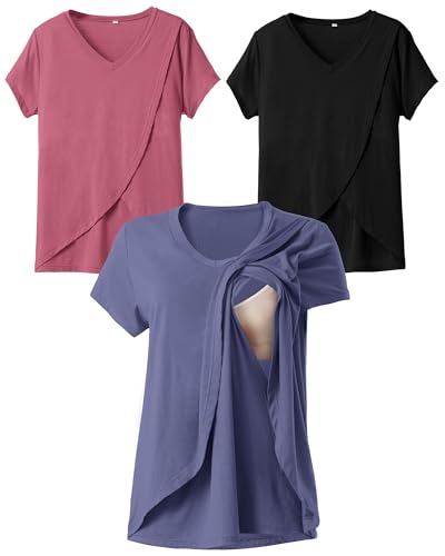 Image of Rnxrbb V Neck Nursing Tops for Breastfeeding Tshirts Summer Postpartum Clothes Sets Short Sleeve 3 Pack Double Layer