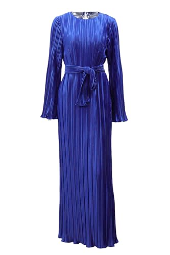 Image of Pluto & Fox Women's Crew Neck Plisse Maxi Dress Long Sleevele Flared Cuffs Belted Pleated Party Cocktail Wedding Guest Dress