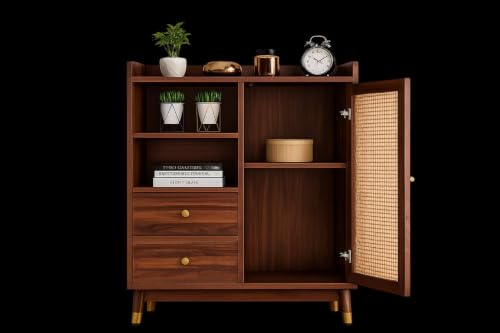 Image of Space Galaxy Sheesham Wood Chest of Drawer with Cane Rattan Door | Wooden Sideboard with 2 Drawers & Open Shelves | Storage Cupboard Organizer for Living Room & Home Furniture | Provincial Teak Finish