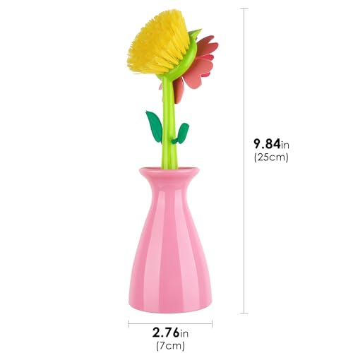 Image of Long Handle Flower Pot Brush, Florganic Dish Brush with Vase, Long Handle Dish Brushs Kitchen, for Cleaning Pot Pan Sink Kitchen Supplies Decorative Vase (2Pcs Pink, Blue)