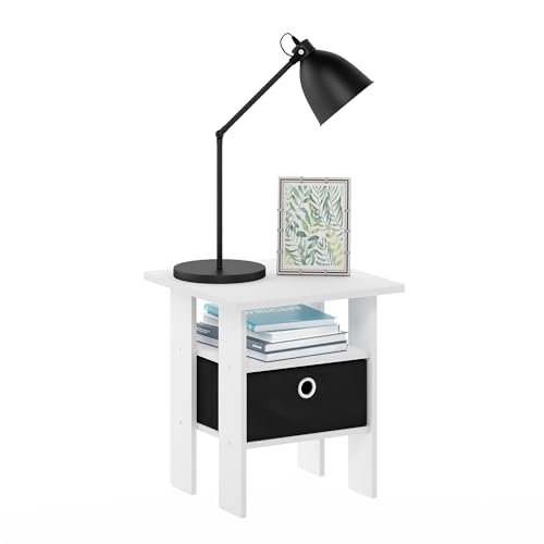 Furinno Andrey Side Table, End Table, Night Stand with Open Shelves and Storage Bin, Bedside Table, for Living Room, Bedroom, White/Black by Furinno - Used condition - US$23.60