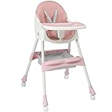 LEADZM 2 en 1 Chaise Haute Bébé Pliable, 3 Angles Réglables, Double Plateau Amovible, avec Roues Universelles et Panier de Rangement, Charge Maximale 15 kg, Bébés Âgés de 6 à 36 Mois (Rose Bébé)