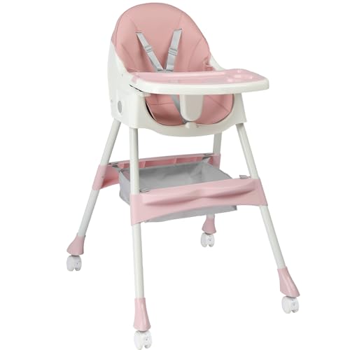 LEADZM 2 en 1 Chaise Haute Bébé Pliable, 3 Angles Réglables, Double Plateau Amovible, avec Roues Universelles et Panier de Rangement, Charge Maximale 15 kg,...