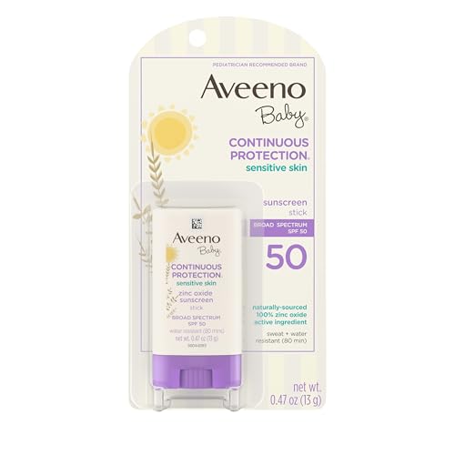 Image of Aveeno Baby Continuous Protection Mineral Sunscreen Stick for Sensitive Skin with Broad Spectrum SPF 50 Protection for Face & Body, Naturally Sourced 100% Zinc Oxide, Travel Size, 0.47 oz (Pack of 12)