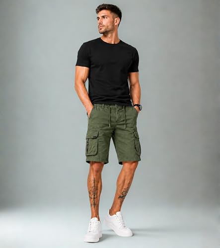 Image of L'MONTE Men's Imported Cotton Casual Relaxed Fit Outwear Cargo Shorts with Expandable Elastic Waist and Multi Pockets