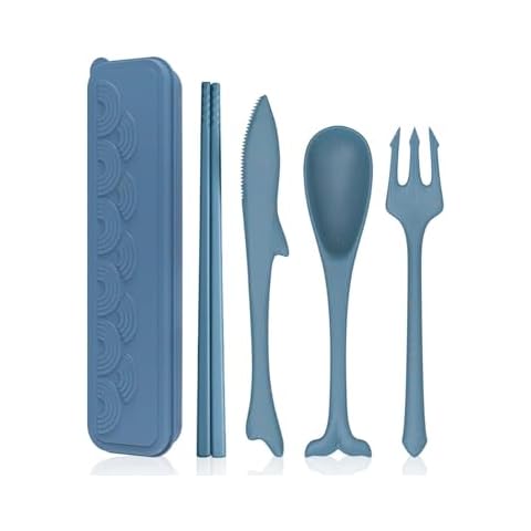 Ocean Sea Themed Reusable Utensils Set with Case, Plastic Lunch Box Utensils Set for Kids, Travel Cutlery Set for Ocean Party Decorations Picnic or Daily Use (Blue) Cover
