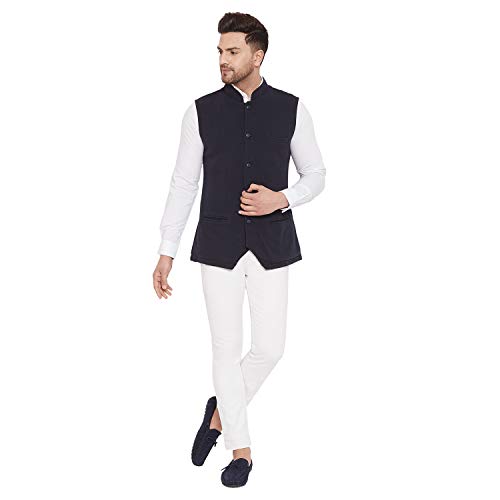 Image of HYPERNATION Navy Blue Color Cotton Men's Knitted Waistcoat(HYPM03115)