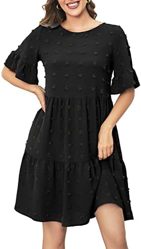 Daisyaner Women’s 2023 Summer Casual Dress Round Neck Ruffle Short Sleeve Swiss Dot Mini Dress Beach Cocktail Dresses