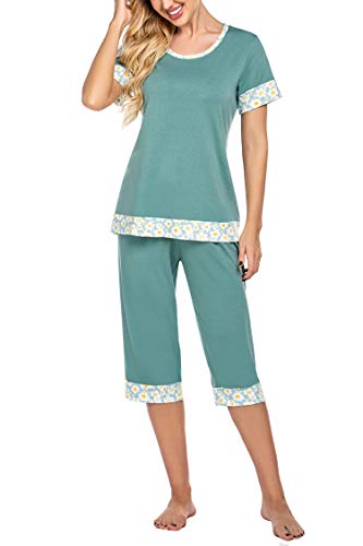 Hotouch Women Plus Size Pajamas Printed Knit Short Sleeve Tee and Capri 2 Piece Pajama Set Green 3XL