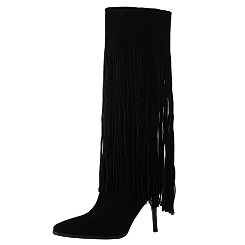 KysBloes Women Stiletto Knee High Fringe Boots Pointed Toe Sassy Tassel Tall Boots High Heel Side Zip Dress Party Shoes