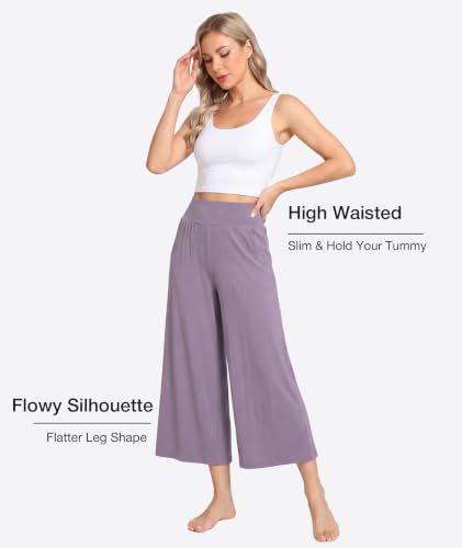 Image of GYS Bamboo Viscose Wide Leg Gaucho Cropped Pants, High Waist Capris Cloud-Soft Pajama Pants with Pockets, Flowy Yoga Pants