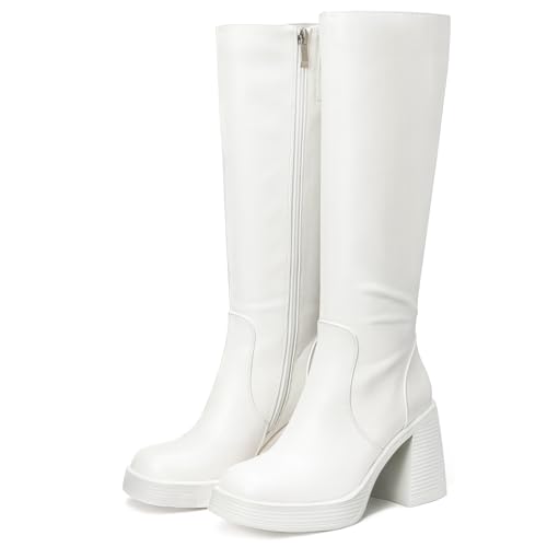 Image of Choiran Knee High Boots for Women - Platform Chunky Square Toe Tall Boots with Block Heeled Side Zipper, Fashion Long Gogo Boots for Spring Fall