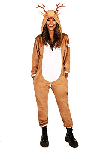 Tipsy Elves' Women's Rudolph The Rednosed Reindeer Jumpsuit - Cute Brown Rudolf Holiday Animal Onesie Size Medium