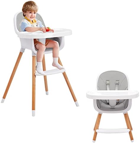 Babevy Convertible Baby High Chair, 4 in 1 Wooden Highchair/Booster/Chair with 2 Removable Tray, Adjustable Legs, 5-Point Harness, Detachable PU Cushion, and Footrest for Baby, Infants, Toddlers