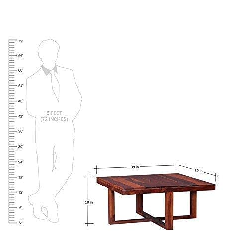 Image of Solid Sheesham Wood Coffee Table Set with 4 Cushioned Cube Stools for Living Room | Space Saving Center Table with Nested Seating | Modern Wooden Tea Table Furniture for Home & Office, Natural Teak