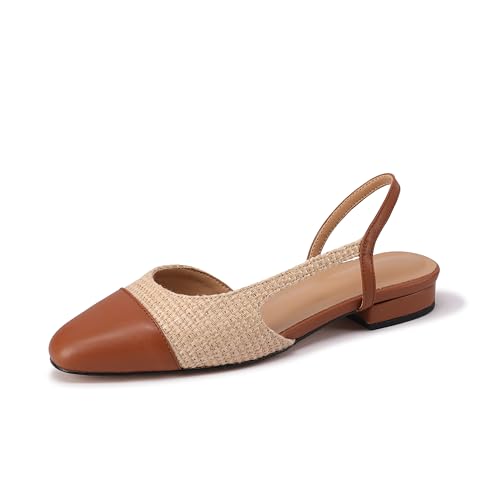 Slingback Flats for Women Nude Sling Back Shoes Closed Toe Two Tone Low Heel Pumps Dressy Work Office Dress Shoes