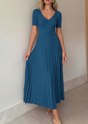 Image of PRETTYGARDEN Women's 2026 Spring Midi Sweater Dresses Elegant Pleated Ribbed Knit Short Sleeve V Neck A Line Summer Outfits