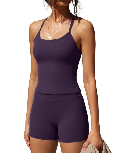 Image of SUUKSESS Women 2 Piece Workout Sets High Waisted Tummy Control Biker Shorts Halter Padded Tank Tops