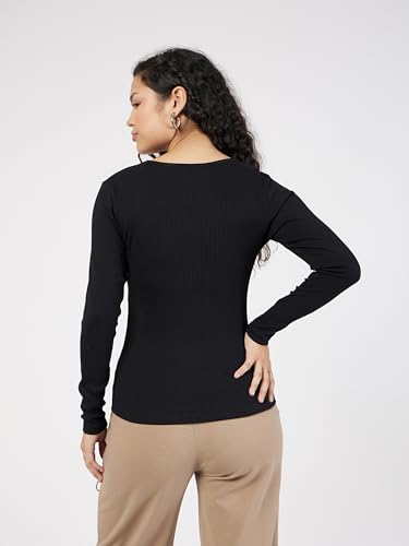 Image of SASSAFRAS Women's Slim Fit Full Sleeves Rib Square Neck Ribbed Basics - Casual Ribbed T-Shirt Tops