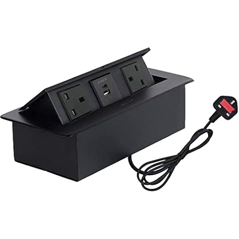 ZESHAN pop up sockets for kitchen worktops with 2 UK Plugs USB and Type C Charger for Office Conference Desk Black Cover
