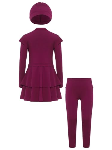 Kids Girls 3-Piece Hot Spring Beach Solid Color Swim Dress Pants and Hat Set Sun Protection Swimsuit4