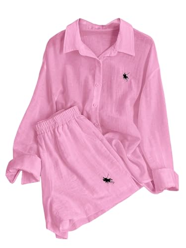 Image of SweatyRocks Women's 2 Piece Outfits Button Down Shirts Lounge Linen Sets and Mini Shorts Pajama Gauze Set Beachwear